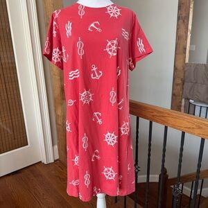 Coral Red Nautical Print Dress knee length A-line crew neck short sleeve spring